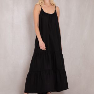Sara Strappy Linen Midi Dress (Black)