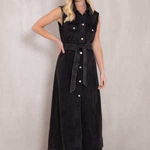 Sleeveless Denim Shirt Dress - Black