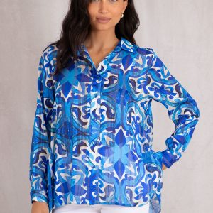 Blue & White Tile Dip Hem Shirt